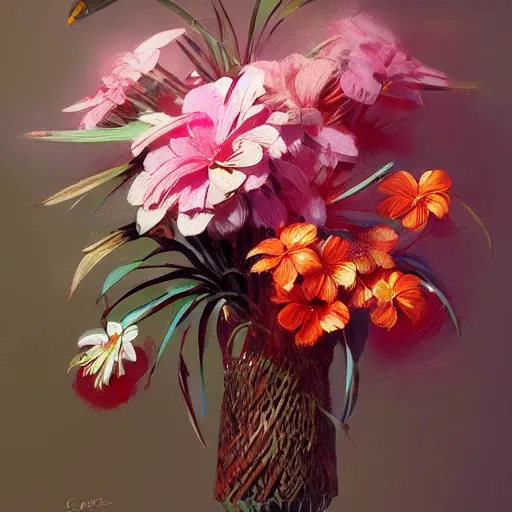 Image similar to Concept art, Contemporary tropical flower bouquet, 8k, james gurney, greg rutkowski, john howe, artstation