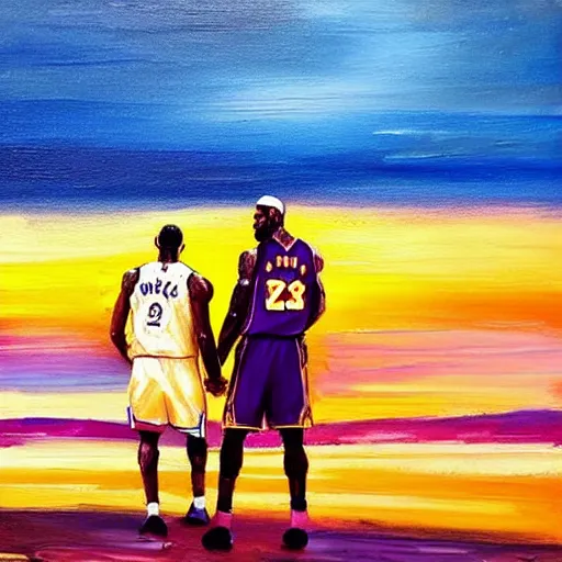 Image similar to lebron james and kobe bryant at the beach, golden hour, majestic painting, couple sitting facing the sunset, holding hands, 2 3, 2 5