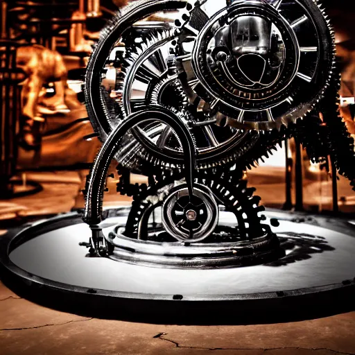 Image similar to a clockwork mechanical bull there are gears sticking out of the mechanical bull steam emanates from the robotic bull and thick clouds of steam swirl around the clockwork bull, ultra high detail, high particle effects, highly reflective surface, realistic reflections