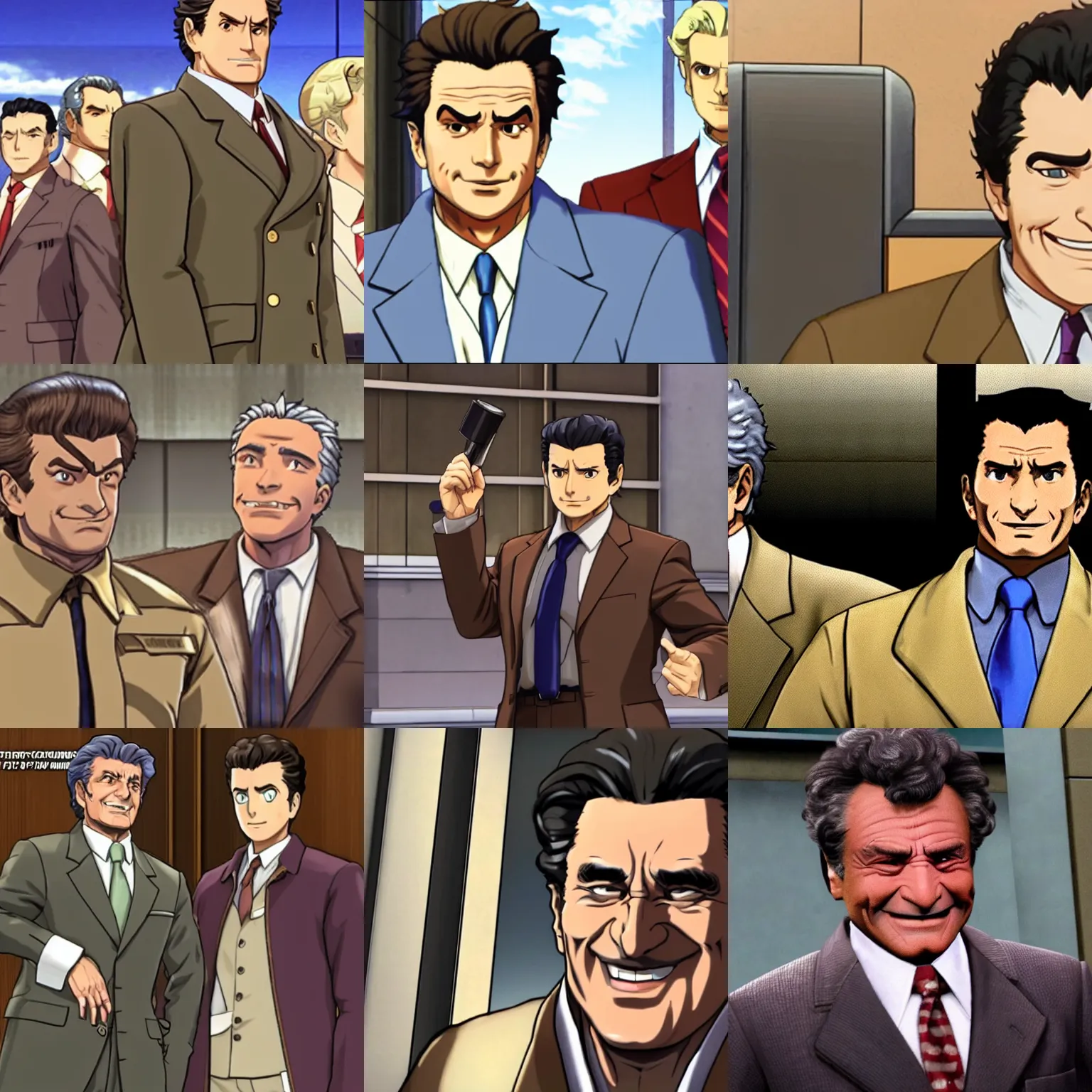 Prompt: peter falk in a tan trenchcoat, smiling, in phoenix wright ace attorney