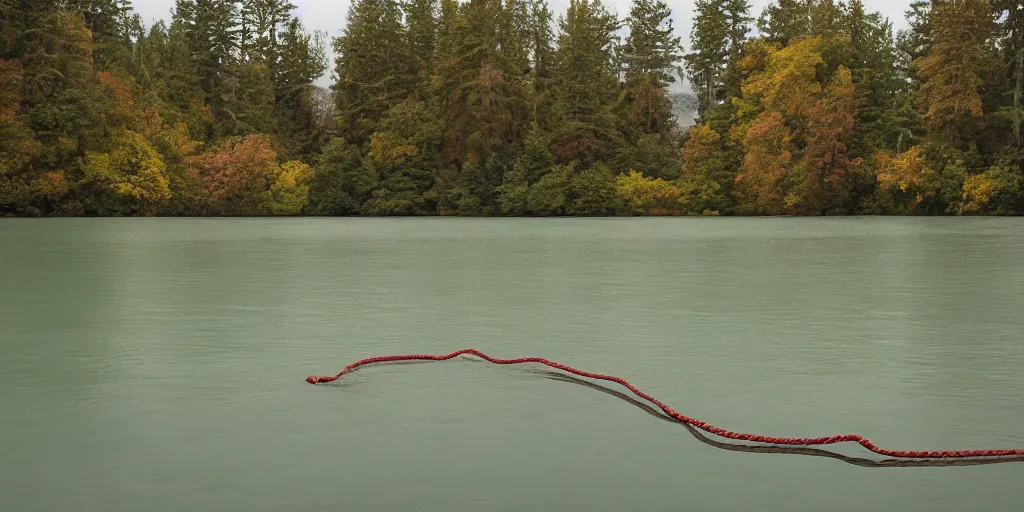 Prompt: symmetrical color photograph of a very long rope on the surface of the water, the rope is snaking from the foreground stretching out towards the center of the lake, a dark lake on a cloudy day, trees in the background, anamorphic lens