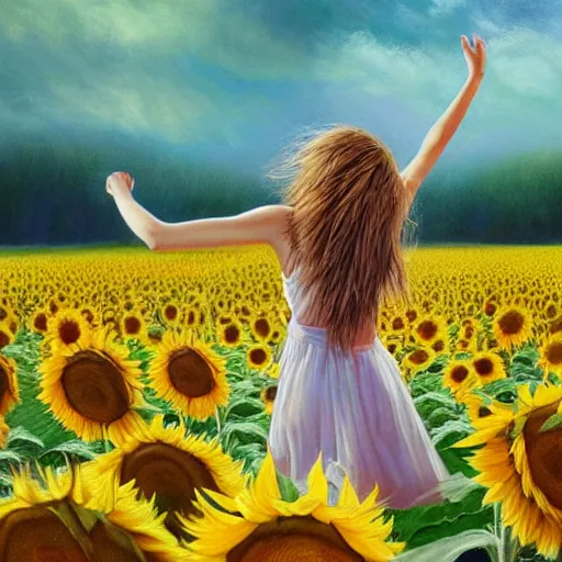 Image similar to a girl slowly running through amazing tall sunflower field, hair flowing, dynamic hands position, fog, early morning lightning, subtle, intricate details, real masterpiece, oil on canvas, by somsak anong