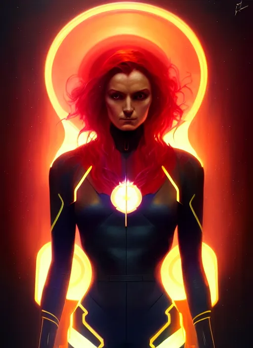 Image similar to symmetry portrait of dark phoenix, sci - fi, tech wear, glowing lights, intricate, elegant, highly detailed, digital painting, artstation, concept art, smooth, sharp focus, illustration, art by artgerm and greg rutkowski and alphonse mucha