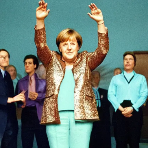 Image similar to A still of Angela Merkel wearing a disco suit in Saturday Night Fever