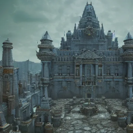 Image similar to dark fantasy, ruined city with palace made out of blue quartz in the middle, cinematic, ultrarealistic, intricate detail, finely detailed, small details, extra detail, high resolution, volumetric lighting, octane render, 8 k, ultradetailed, photorealistic