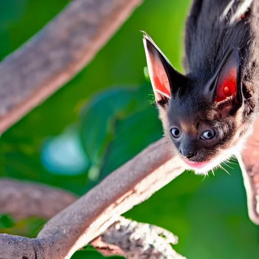 Prompt: a bat kitten, in a tree, 200m f8