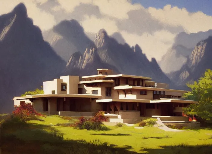 Prompt: painting of a frank lloyd wright house in front of beautiful mountains by greg rutkowski