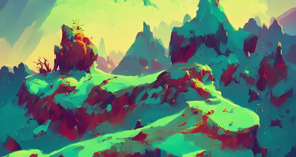 Image similar to a beautiful landscape with trees and mountains, by anton fadeev