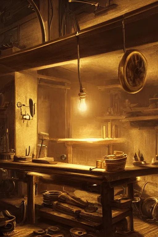 Image similar to a glowing gold coin on the anvil, blacksmith's shop interior, cinematic lighting. digital art by WLOP, highly detailed, illustration.