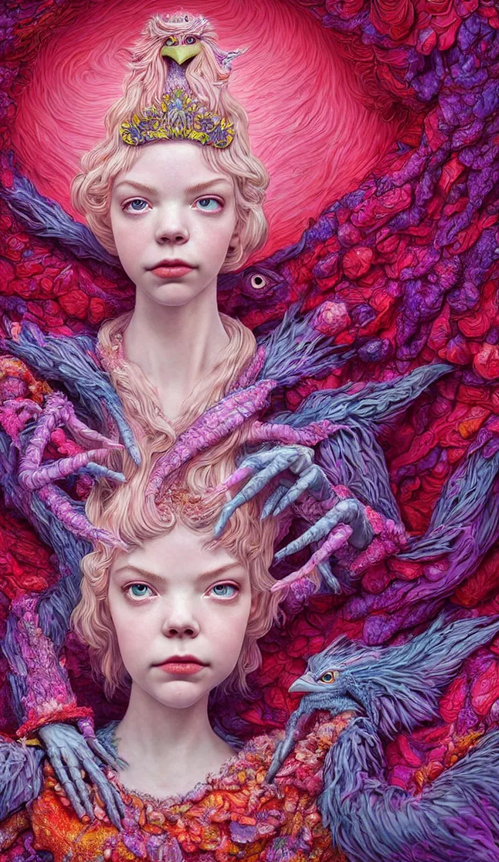 Prompt: hyper detailed 3d render like a Oil painting - kawaii portrait Aurora (a beautiful skeksis muppet fae queen from dark crystal that looks like Anya Taylor-Joy) seen red carpet photoshoot in UVIVF posing in scaly dress to Eat of the Strangling network of yellowcake aerochrome and milky Fruit and His delicate Hands hold of gossamer polyp blossoms bring iridescent fungal flowers whose spores black the foolish stars by Jacek Yerka, Ilya Kuvshinov, Mariusz Lewandowski, Houdini algorithmic generative render, Abstract brush strokes, Masterpiece, Edward Hopper and James Gilleard, Zdzislaw Beksinski, Mark Ryden, Wolfgang Lettl, hints of Yayoi Kasuma and Dr. Seuss, octane render, 8k