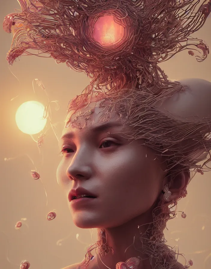 Image similar to goddess portrait. jellyfish phoenix head. intricate artwork by Tooth Wu and wlop and beeple. octane render, trending on artstation, greg rutkowski very coherent symmetrical artwork. cinematic, hyper realism, high detail, octane render, 8k