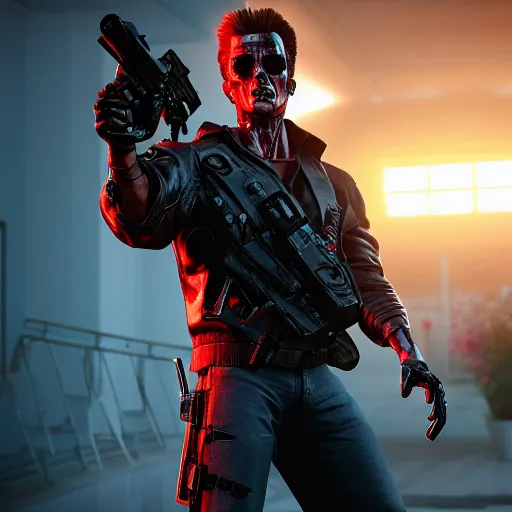 Image similar to the terminator with beautiful flowers in his hands, unreal 5, hyperrealistic, octane render, cosplay, RPG portrait, dynamic lighting