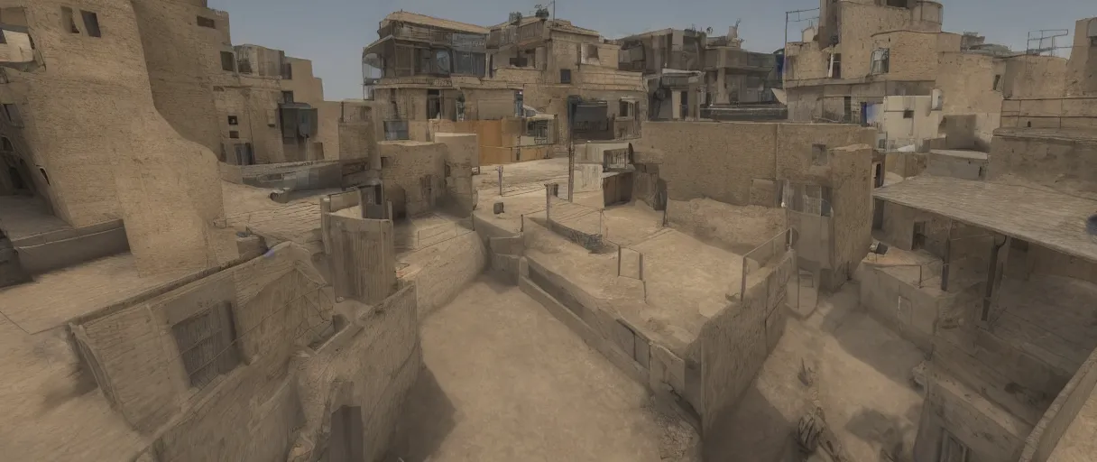 Image similar to a wide shot of dust 2 from Counter Strike: Global Offensive, beautiful, stunning, serene, volumetric light, volumetric clouds, photography, color, intricate, extremely detailed, photorealistic, unreal engine 5