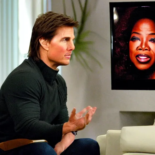 Prompt: Tom Cruise shooting lightning at Oprah on her tv show