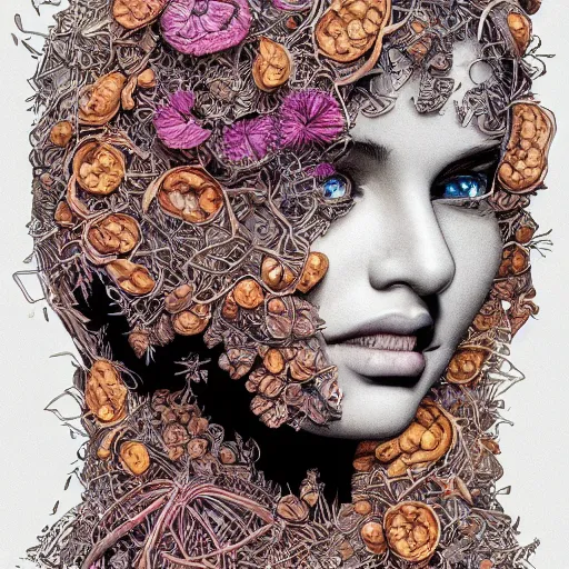 Image similar to the head of an incredibly elegant and beautiful woman partially made of potatoes and dirt looking down, an ultrafine detailed illustration by james jean, final fantasy, intricate linework, bright colors, behance contest winner, vanitas, angular, altermodern, unreal engine 5 highly rendered, global illumination, radiant light, detailed and intricate environment