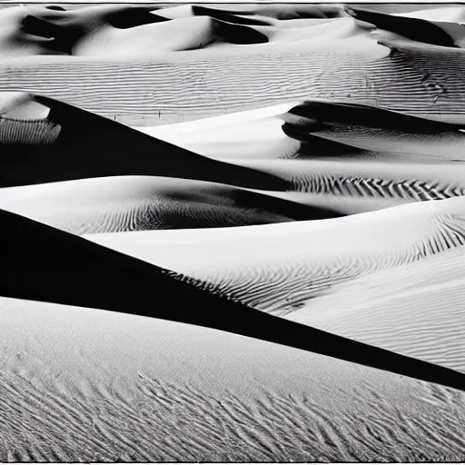 Prompt: dunes desert dry in the style of Sean Bagshaw and Ansel Adams