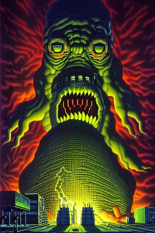 Prompt: a hyperrealistic detailed painting of a emergency chaos at the nuclear power plant, radioactive radiation monster eating the laboratory by chris cunningham and richard corben, highly detailed, vivid color,