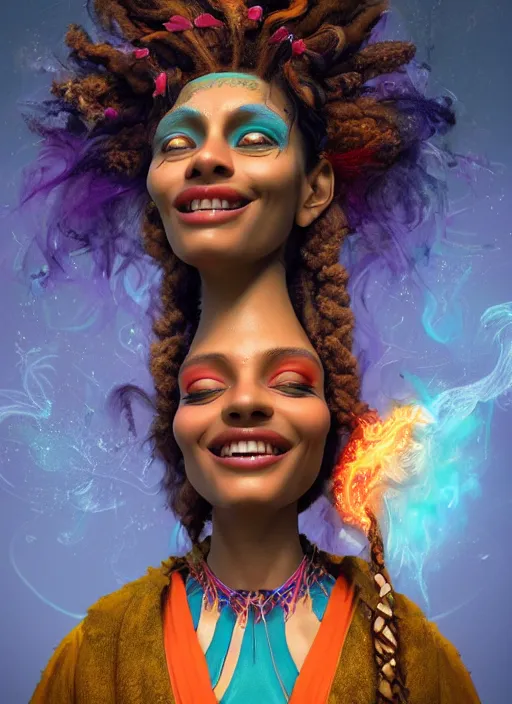 Prompt: an anthropomorphic beautiful smiling goddess female wizard portrait breathing fire wearing colourful robe, dreadlock breed hair, fine art, award winning, intricate, elegant, sharp focus, octane render, hyperrealistic, cinematic lighting, highly detailed, digital painting, 8 k concept art, art by jamie hewlett masterpiece, trending on artstation, 8 k