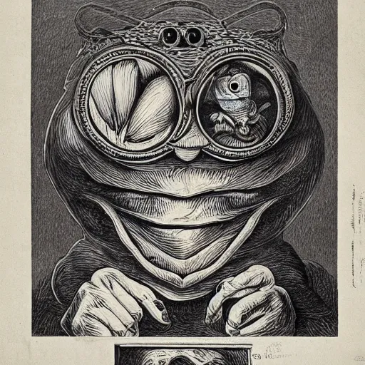 Image similar to portrait of pepe the frog by goya and escher and hogarth, illusion surreal art, highly conceptual figurative art, intricate detailed illustration, controversial poster art, polish poster art, geometrical drawings, no blur