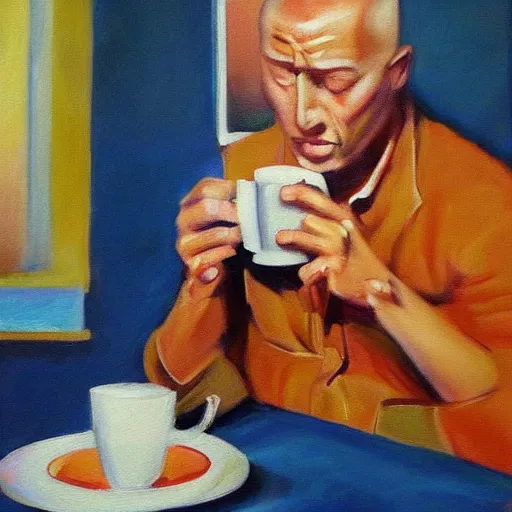 Prompt: ultra realist soft painting of a nuclear bomb explosion, daily clothed man drinking his coffee, partial symmetry accurate features, very intricate details, focus, curvy, award winning