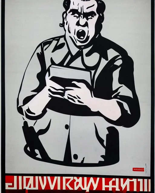 Image similar to soviet propaganda poster of an angry communist developer yelling at his computer