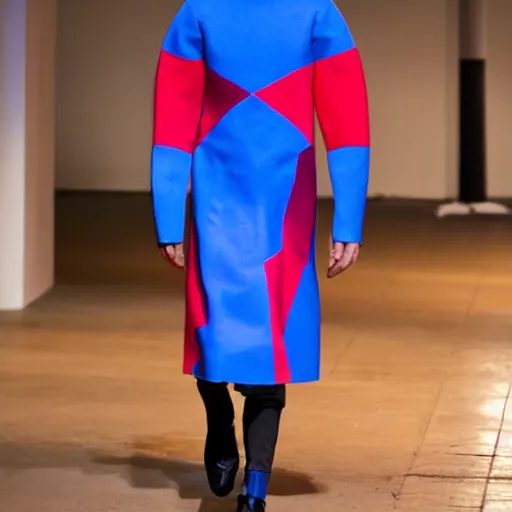 Image similar to dystopian business fashion incorporating red white and blue, brutalist fashion show