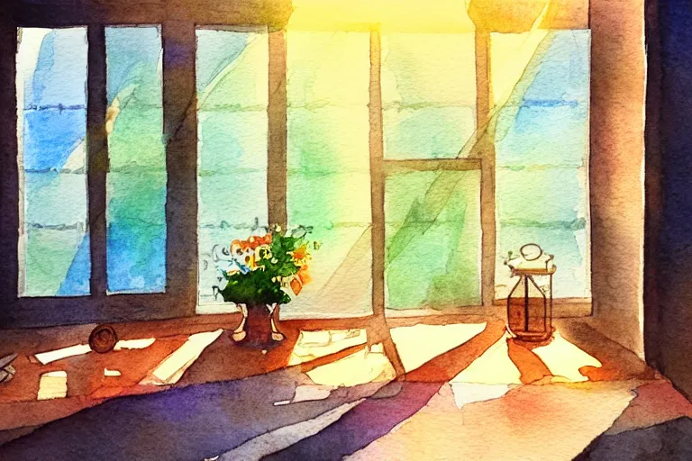 Image similar to rays of the morning sun shining through the window of the village house. very beautiful, clear sky, warm shiny colors, watercolor drawing