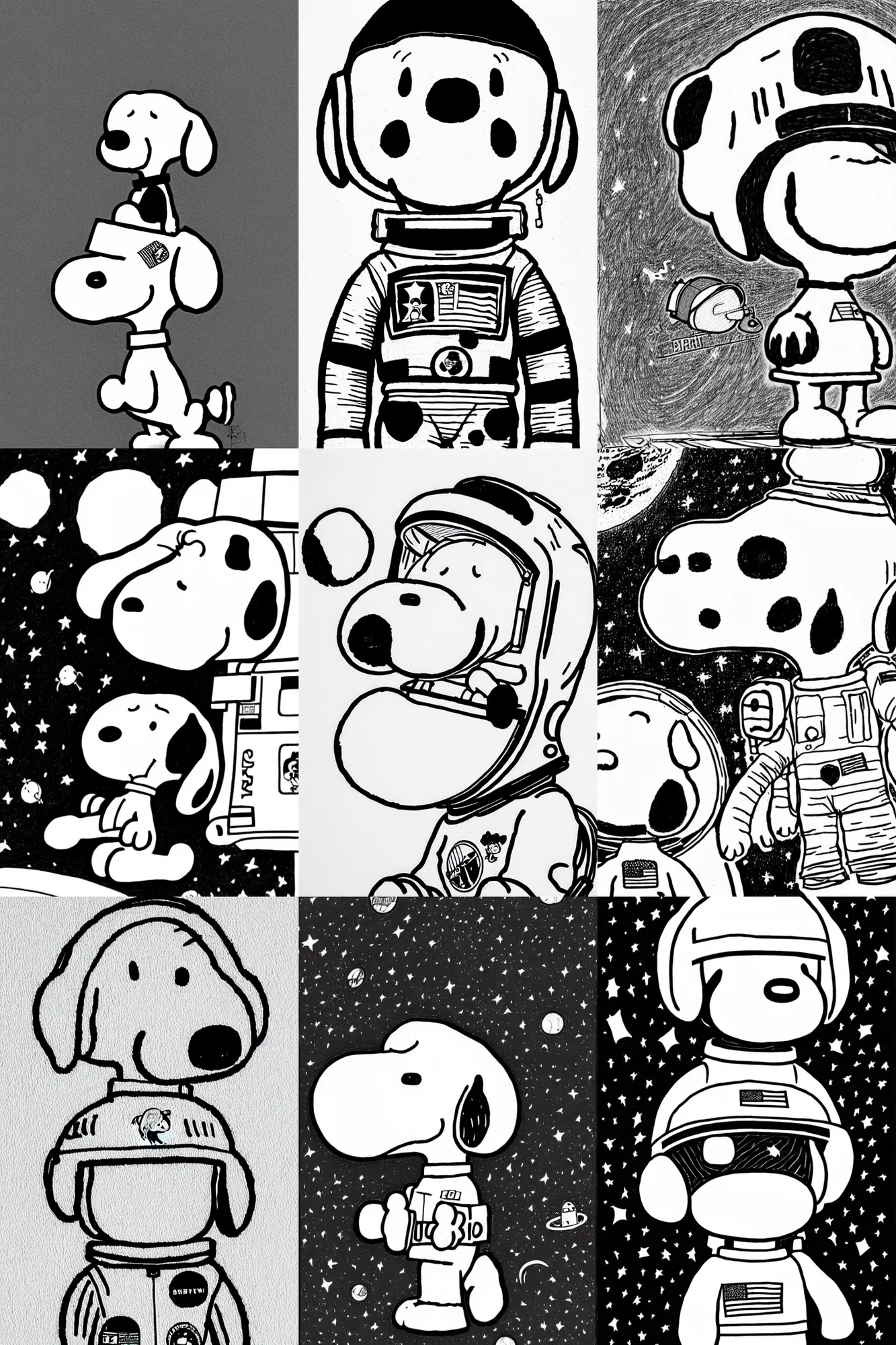 Prompt: close up of snoopy in a space suit wearing an astronaut helmet, black and white, line drawing, by james jean