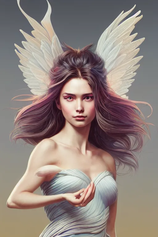 Image similar to 3 / 4 view of a portrait of woman with flowy hair, bird wings, confident pose, pixie, genshin impact,, intricate, elegant, sharp focus, illustration, highly detailed, concept art, matte, trending on artstation, bright colors, art by wlop and artgerm and greg rutkowski, marvel comics