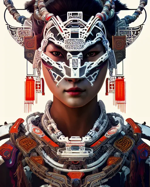 Image similar to symmetry!! portrait of a machine from horizon zero dawn, machine face, decorated with chinese opera motifs, asian, asian inspired, intricate, elegant, highly detailed, digital painting, artstation, concept art, smooth, sharp focus, illustration, art by artgerm and greg rutkowski and alphonse mucha, 8 k