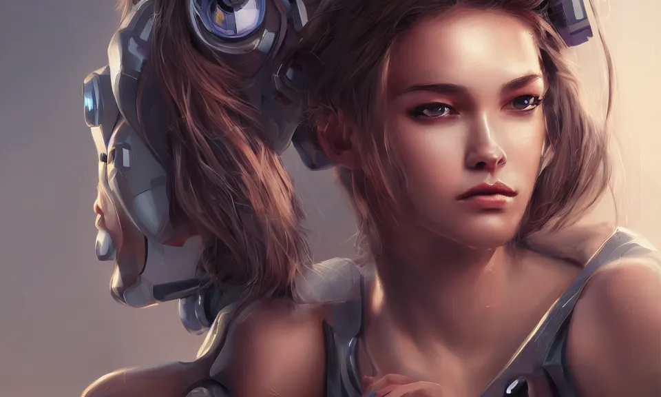 Prompt: cinematic bust portrait of beautiful girl with robot body, portrait, cinematic, elegant, artstation, intricate, highly detailed, digital painting, artstation, concept art, sharp focus, illustration, cyberpunk, cgsociety, 8 k