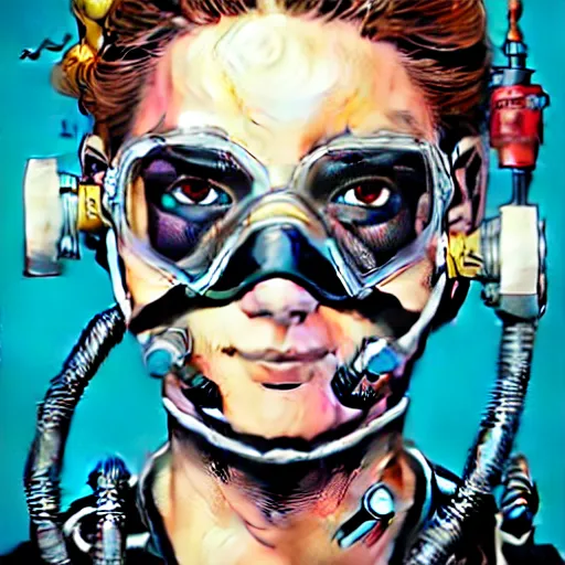 Image similar to portrait of a female diver with a oxygen mask intricate details mask by MARVEL comics and Sandra Chevrier