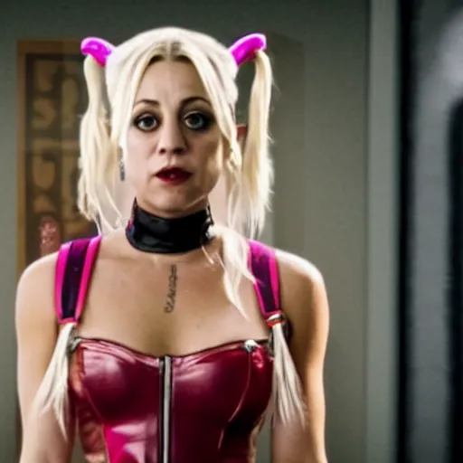 Image similar to A still of Kaley Cuoco as Harley Quinn