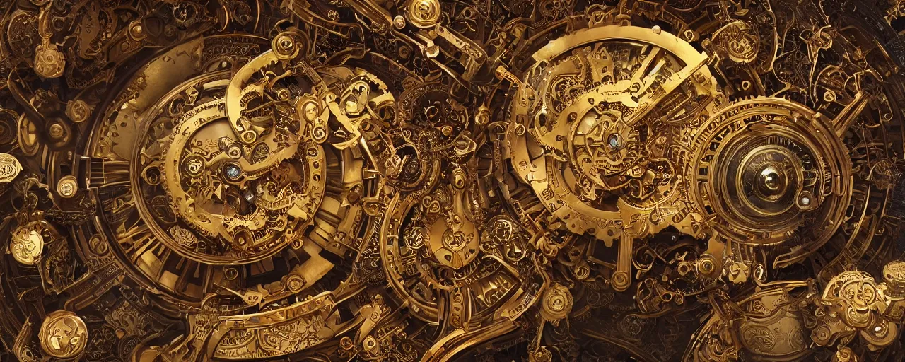 Image similar to dynamic composition, intricate golden clockwork machine with cogs!!!!!!, steam punk, steampunk, art deco!, ornate gilded cosmic machine, in the style of simon lee and jama jurabaev, engraved, artgerm, wlop, featured on cgsociety, unreal engine, 8 k render, octane, raytracing, photorealistic