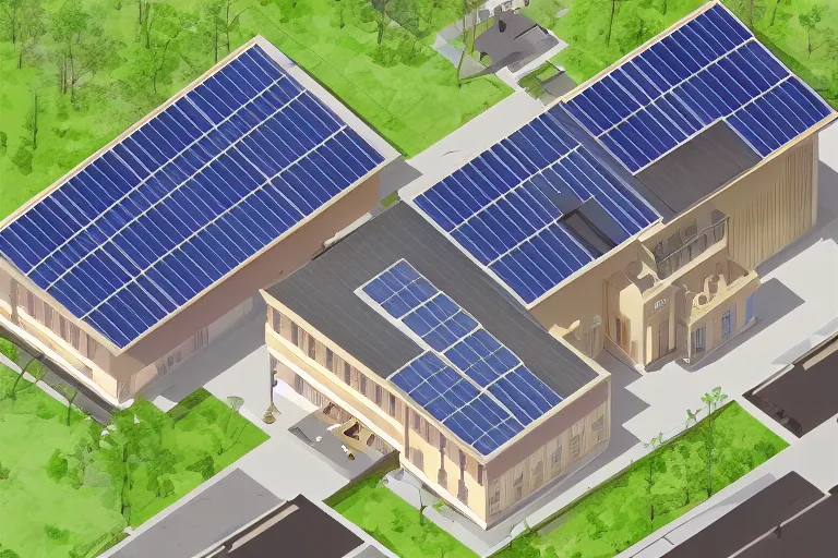 Image similar to mansard roof illustration, few solar panels on the roof, isometric view