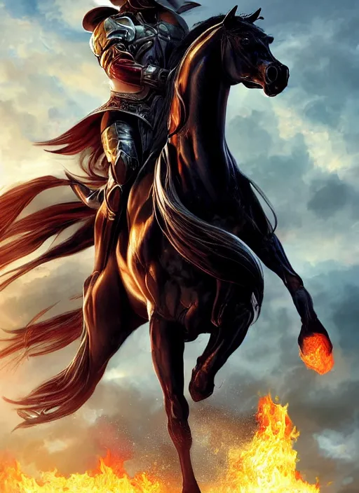 Image similar to the first horseman of the apocalypse riding a strong big black stallion, horse is running, the rider carries a the scales of justice, flames from the ground, artwork by artgerm and rutkowski, breathtaking, dramatic, full view