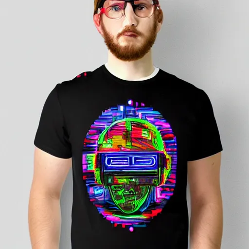 Image similar to mockup of a black tshirt with a hyperdetailed portrait of a trippy cyberpunk robot, 8 k, symetrical, flourescent colors, happy mood, multicolored,