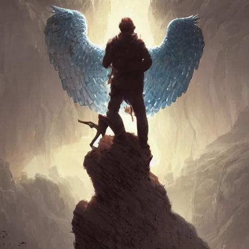 Image similar to angel protecting man falling from a cliff, detailed intricate ink illustration, happy atmosphere, detailed illustration, hd, 4k, digital art, overdetailed art, by greg rutkowski, by loish, complementing colors, Trending on artstation, movie poster style