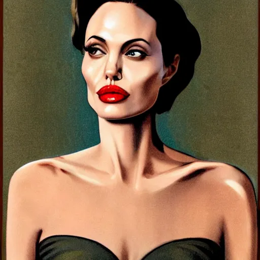 Prompt: Angelina Jolie portrait, color vintage magazine illustration 1950