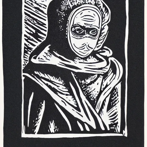 Image similar to queen elizabeth as masked thief, lino print