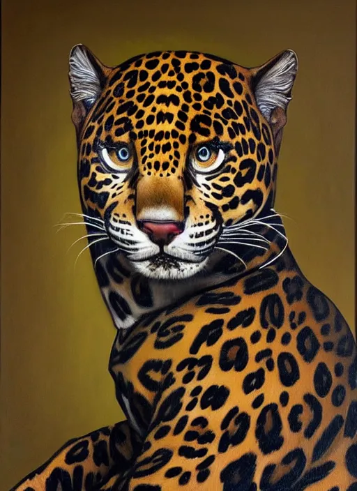 Image similar to oil portrait of realistic jaguar holdeing black drinking can, intricate, elegant, highly detailed, lighting, painting, artstation, smooth, illustration, art by greg rutowski and alphonse mucha