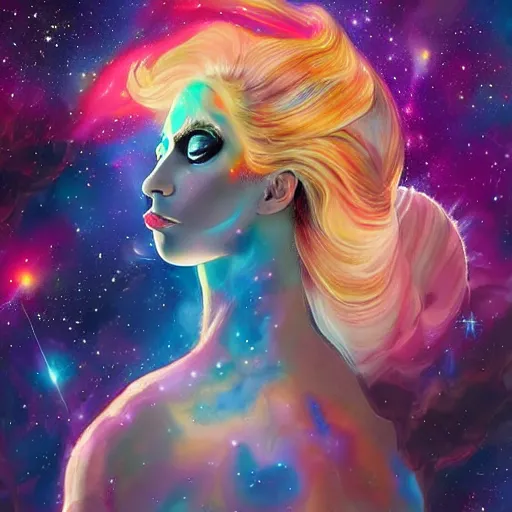 Image similar to lady gaga, galaxies and nebula flowing out of his body, artgerm, psychedelic floral planets, studio ghibli painterly style, trending on artstation