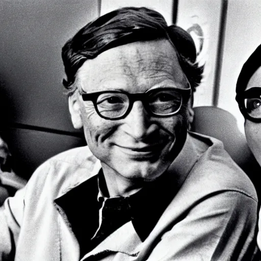 Prompt: Isaac Asimov in space with bill gates, old photograph, 1978