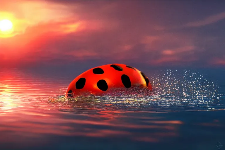 Image similar to ladybird swimming in a pool of water, sunset, evening light, cinematic, fantasy art, trending on artstation, highly detailed, digital painting, volumetric light