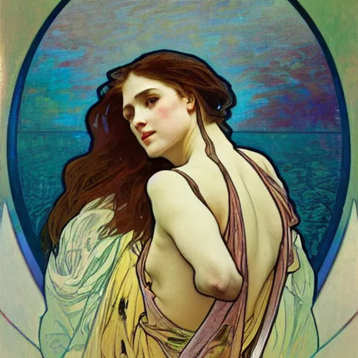 Image similar to tempera composed by alphonse mucha, by meredith marsone, by alexandre cabanel. the sculpture of two lakes in connecticut, with mountains in the distance.