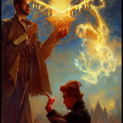 Image similar to attractive magician casts dark spell, summoning attractive lucifer morningstar. highly detailed painting by gaston bussiere, craig mullins, j. c. leyendecker 8 k