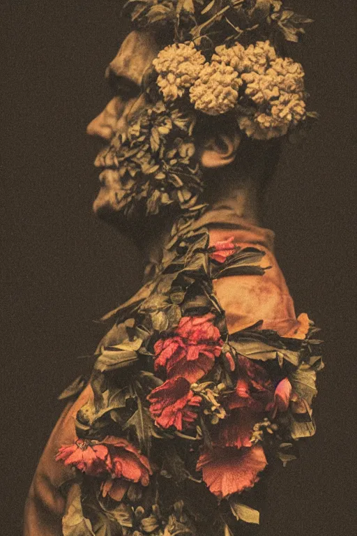 Image similar to a man's face in profile, clean shaven, made of flowers and fruit, in the style of the Dutch masters and Gregory crewdson, dark and moody