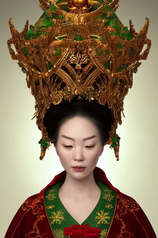 Image similar to a beautiful empress portrait, with a brilliant, impossible striking big Christmas headpiece, clothes Santa robes, everything Christmas, snow, symmetrical, dramatic studio lighting, rococo, baroque, greens, asian, hyperrealism, closeup, D&D, fantasy, intricate, elegant, highly detailed, digital painting, artstation, octane render, 8k, concept art, matte, sharp focus, illustration, art by Artgerm and Greg Rutkowski and Alphonse Mucha