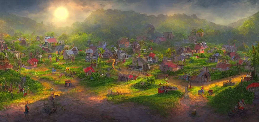 Image similar to Look of a village powered by solar power and sustainability, full daylight, morning, cartoon moody scene, digital art, 8k, colorful details of lush nature covering the streets