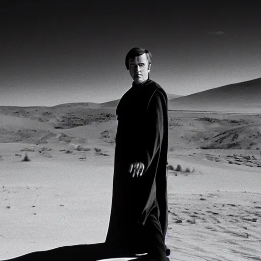 Image similar to film still of young alec guiness as a jedi in new star wars movie, dramatic lighting, highley detailled face, kodak film, wide angle shot, desert landscape